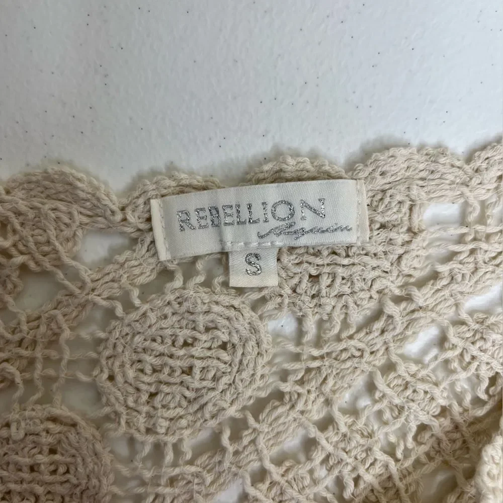 Rebellion Crochet Lace Fringe Button Front Cream Boho Vest Cotton Women Small